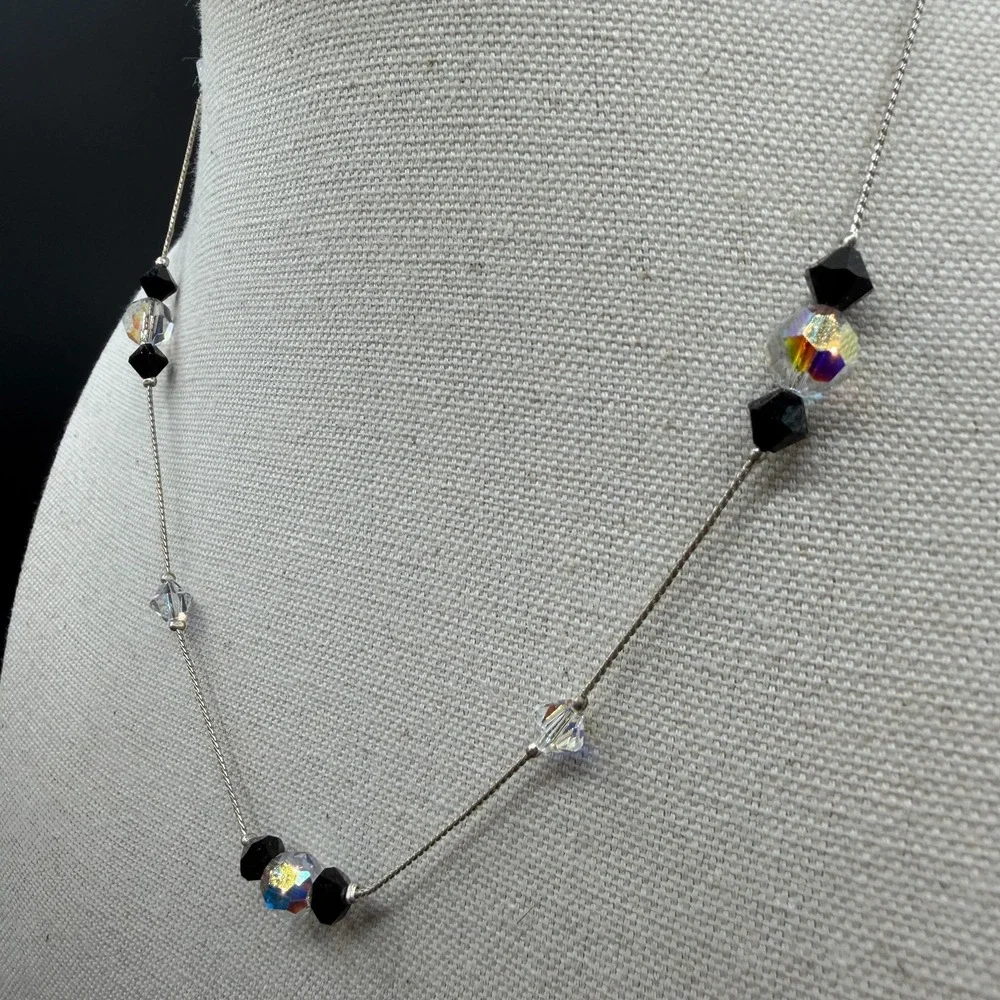 Black Clear AB Crystal Beaded Silver Tone Necklace Minimalist Y2K Sparkle Gift